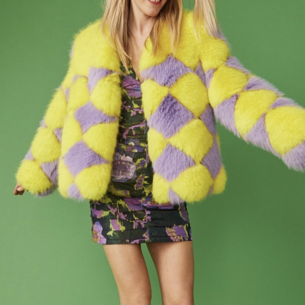 NWT Jay Ley Yellow Purple Faux Fur Diamond Pattern Oversized Statement Coat